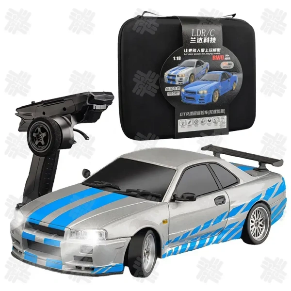 KW High Speed LDRC 1899 1/18 GTR R34 Drift RC Car with Custom 150 Motor and Metal Body Full Proportional Control RWD 2.4G Model - Pale Slate