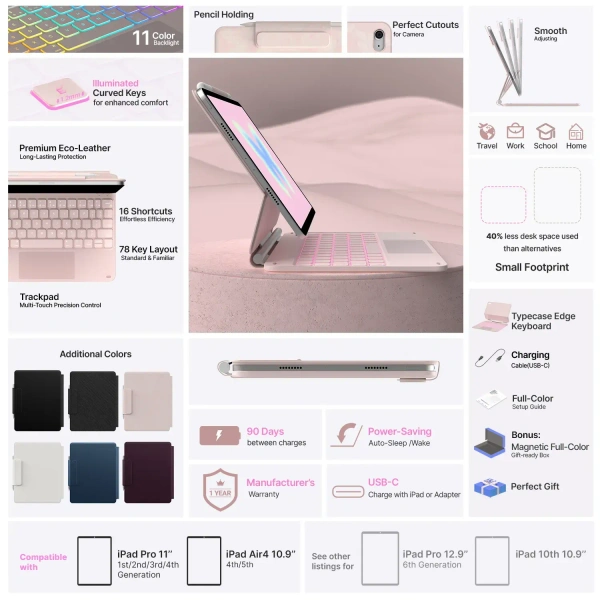 Easy Set up the Laptop-like Keyboard case Cover for 10th-generation iPad Models 11-Color Backlight Keyboard with Shortcuts - White