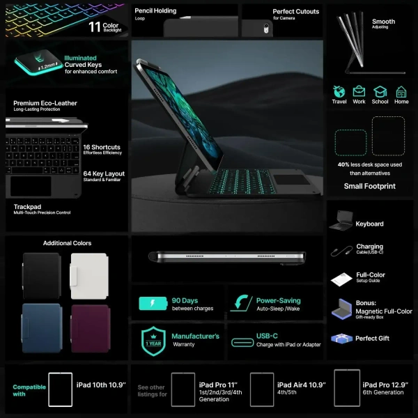 Easy Set up the Laptop-like Keyboard case Cover for 10th-generation iPad Models 11-Color Backlight Keyboard with Shortcuts - Black