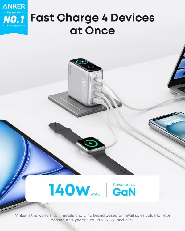 Anker Laptop Charger 140W 4-Port USB-C Charger Multi-Device Fast Charging GaN Power Adapter - Silver