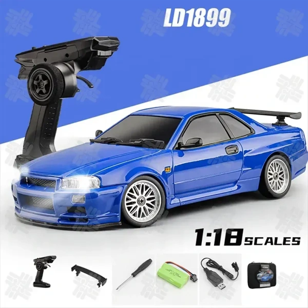 KW High Speed LDRC 1899 1/18 GTR R34 Drift RC Car with Custom 150 Motor and Metal Body Full Proportional Control RWD 2.4G Model - Ultramarine