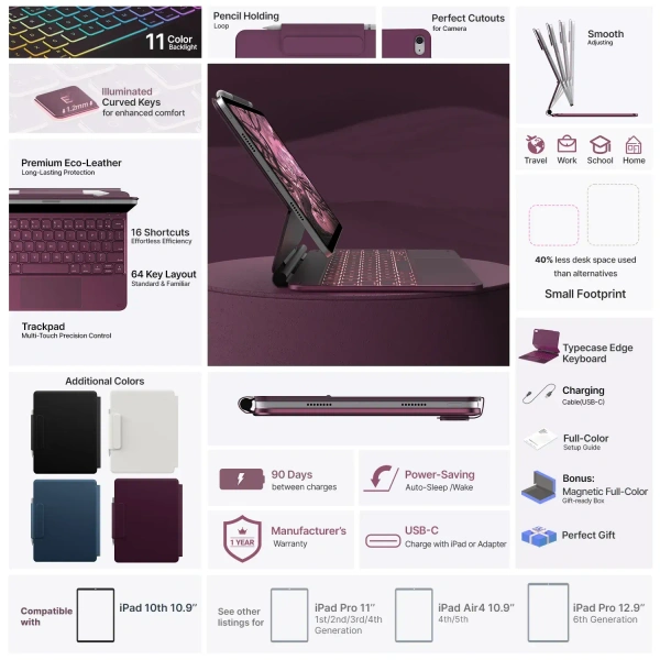 Easy Set up the Laptop-like Keyboard case Cover for 10th-generation iPad Models 11-Color Backlight Keyboard with Shortcuts - Violet Eggplant