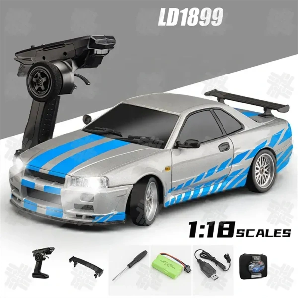 KW High Speed LDRC 1899 1/18 GTR R34 Drift RC Car with Custom 150 Motor and Metal Body Full Proportional Control RWD 2.4G Model - Pale Slate