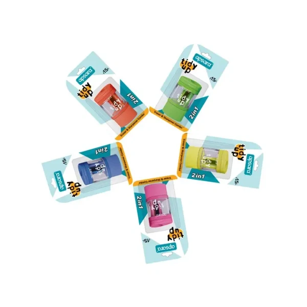 Apsara Tidy Up Pencil Sharpener With Eraser (Multicolor) - 1 pack (5 pieces)