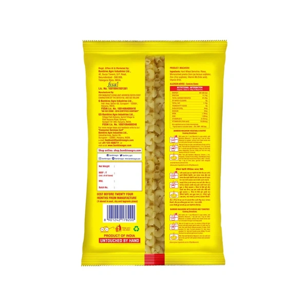 Bambino Macaroni Durum Wheat Elbow Pasta - 400 gm - 400 gm