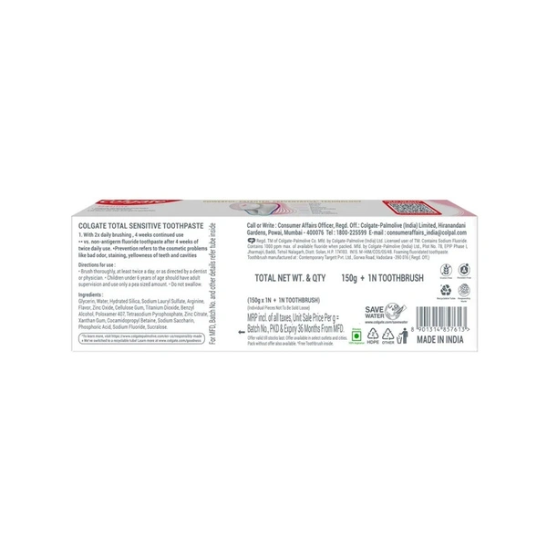 Colagate Total Sensitive Anti-Germ Toothpaste (with a Premium Toothbrush) - 150 gm + 1 piece