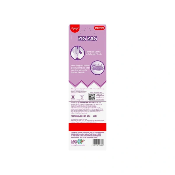 Colgate Zig Zag Deep Clean Toothbrush (Medium) (Removes Bacteria Between The Teeth) - 3 Piece