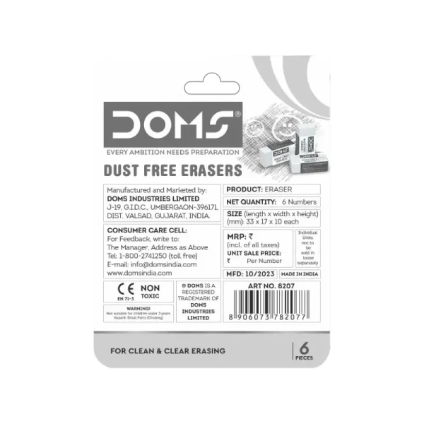 Doms Dust Free Eraser (White) - 6 Pieces, 1 pack (6 Pieces)