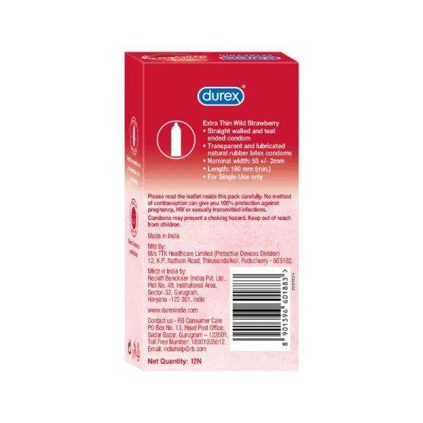 Durex Extra Thin Wild Strawberry Condom-12 Piece - 12 Piece