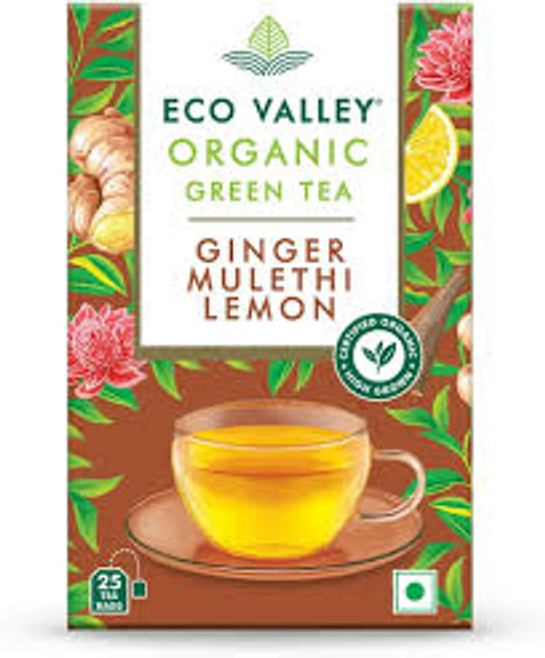 Eco Valley Organic Green Tea Ginger Mulethi Lemon Pack of 25 - (25*1.7 gm) - 42.5 gm - 42.5 gm