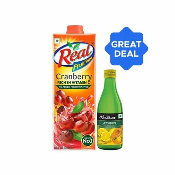 Hommade Lemoneez Syrup + Real Fruit Power Cranberry Juice Combo (1 ltr + 250 ml) - 1.25 ltr - 1.25 ltr