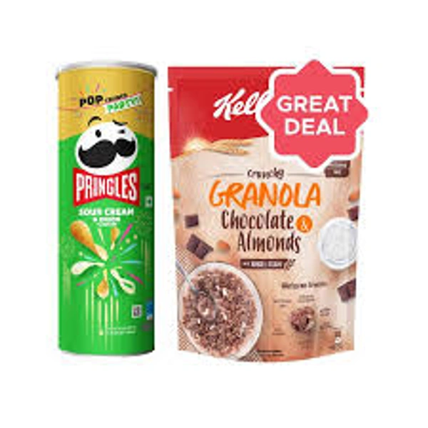 Kellogg'S Crunchy Granola Chocolate & Almonds Cereal + Pringles Sour Cream & Onion Potato Chips Combo (107 Gm + 450 Gm) - 557 gm - 557 gm