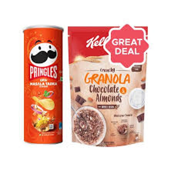 Kellogg'S Crunchy Granola Chocolate & Almonds Cereal + Pringles Desi Masala Tadka Potato Chips Combo (107 Gm + 450 Gm) - 557 gm - 557 gm