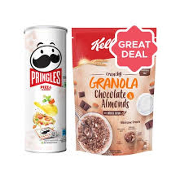 Kellogg'S Crunchy Granola Chocolate & Almonds Cereal + Pringles Pizza Flavored Potato Chips Combo (102 Gm + 450 Gm) - 552 gm - 552 gm