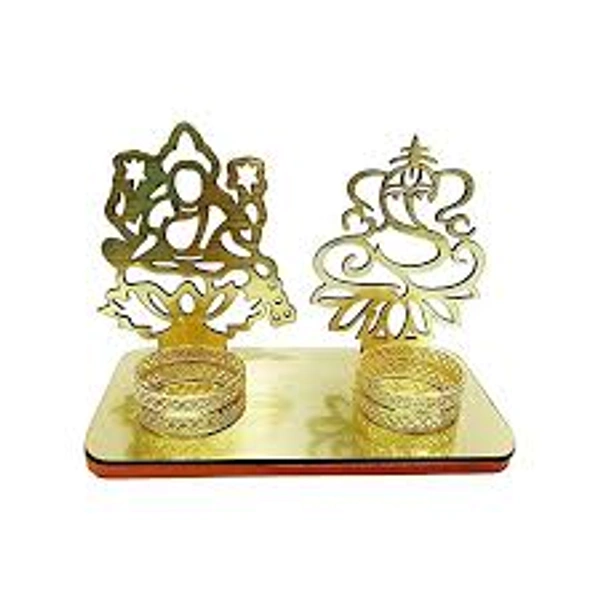 Lakshmi Ganesh Design with Plate Candle Holder (Golden) by Satvik - 1 pack (2 pieces)