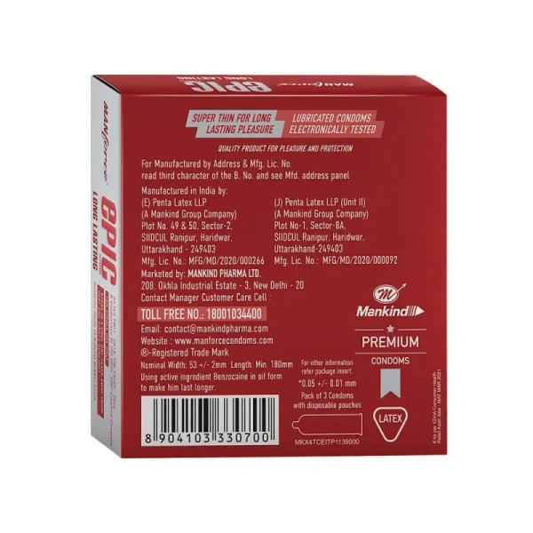 Manforce Epic Pleasure Long Lasting Raspberry Condom-3 Piece - 3 Piece
