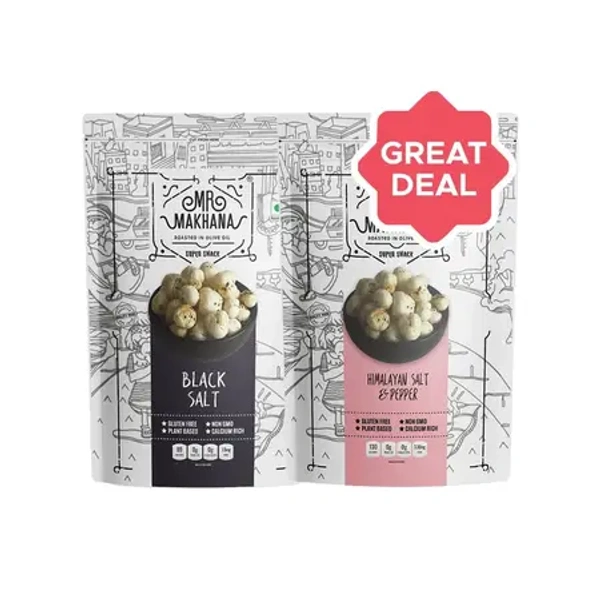 Mr. Makhana Black Salt Flavoured Makhana + Himalayan Salt & Pepper Flavoured Makhana (Standee Pouch) Combo (55Gm + 55 Gm) - 110 gm - 110 gm