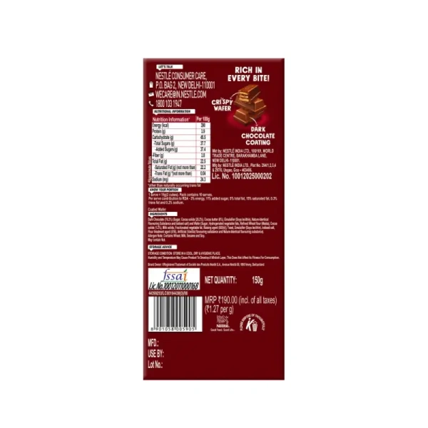 Nestle Kitkat Dark Chocolate Coated Wafer Bar - 150 Gm - 150 Gm