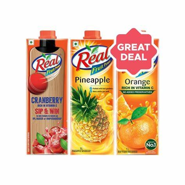Real Fruit Power Cranberry Juice + Fruit Power Pineapple Juice + Fruit Power Orange Juice Combo - 3 ltr - 3 ltr