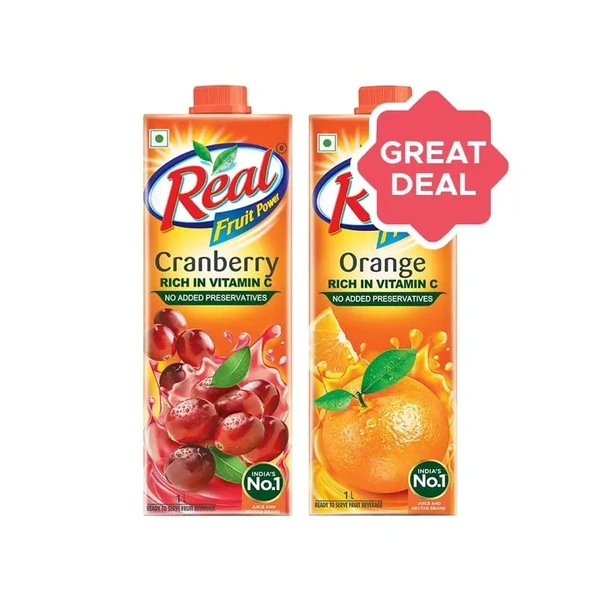 Real Fruit Power Cranberry Juice + Real Fruit Power Orange Juice Combo - 2 ltr - 2 ltr