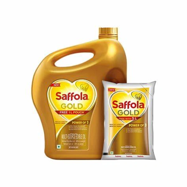Saffola Gold Refined Blended Cooking Oil (Rice Bran + Corn) - Free 1 ltr Pouch - 6 ltr