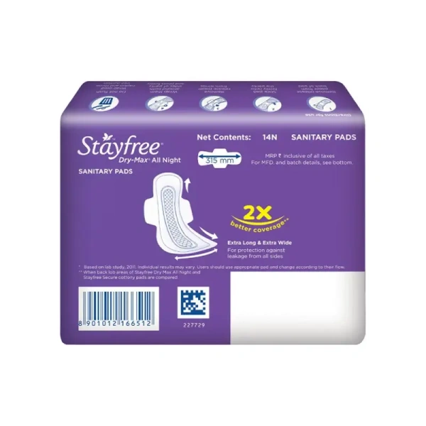Stayfree Dry Max All Night Sanitary Pads (Extra Large Wings) - (XL, 14 Pieces) - 14 Pieces