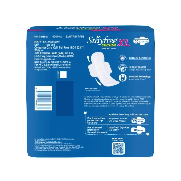 Stayfree Secure Cottony Comfort Sanitary Pads (XL, 40 Pieces) - 40 Pieces