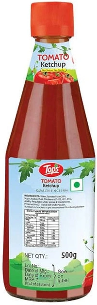 Tops Tomato Ketchup No Onion No Garlic Glass Bottle - 500 gm - 500 gm