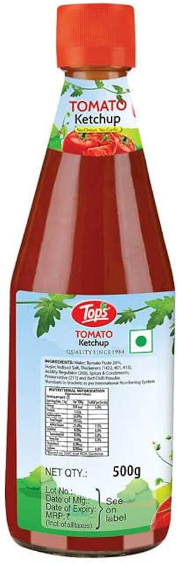 Tops Tomato Ketchup No Onion No Garlic Glass Bottle - 500 gm - 500 gm