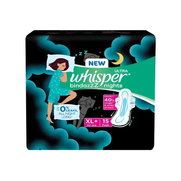 Whisper Ultra Bindaz Night Sanitary Pads (XL+ Wings) - 15 Pieces - 15 Pieces