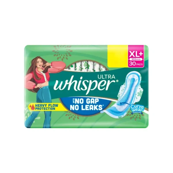 Whisper Ultra Upto No Gap No Leaks Sanitary Pads (XL+, 30 Pieces) - 30 Pieces