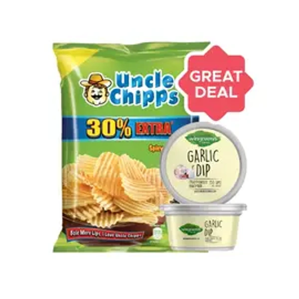Wingreens Farms Garlic Dip + Uncle Chipps Spicy Treat Flavour Potato Chips Combo (150 Gm + 48 Gm) - 198 gm - 198 gm