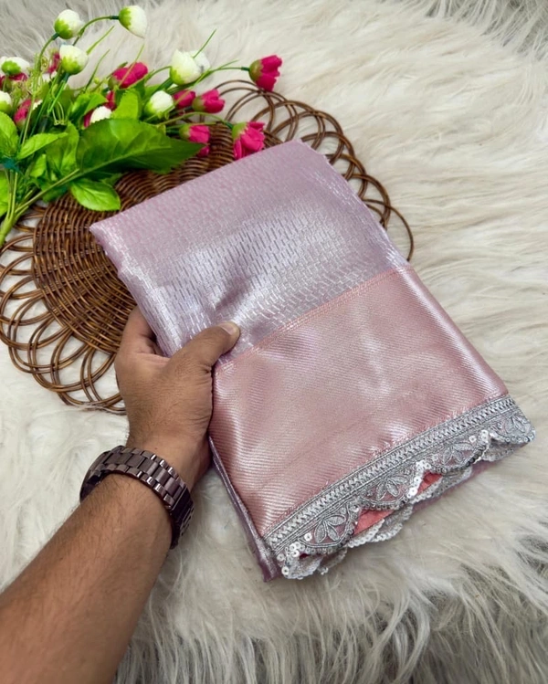 Pastel Pink Banarasi Tissue Silk Saree with Silver Shine & Designer Lace Border | VV
