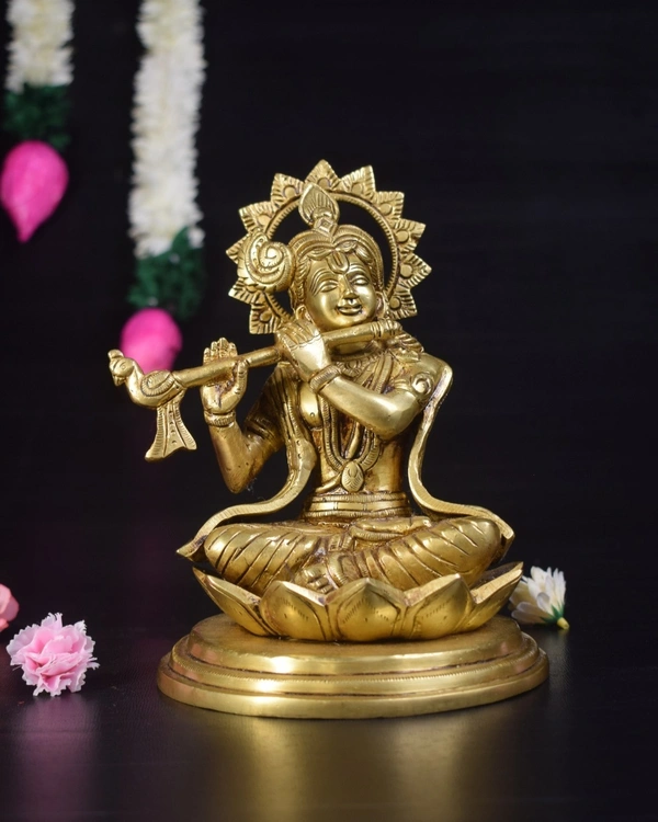 Brass Krishna Sitting On Lotus