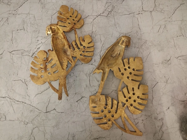 Brass golden parrot with leaves wall decor