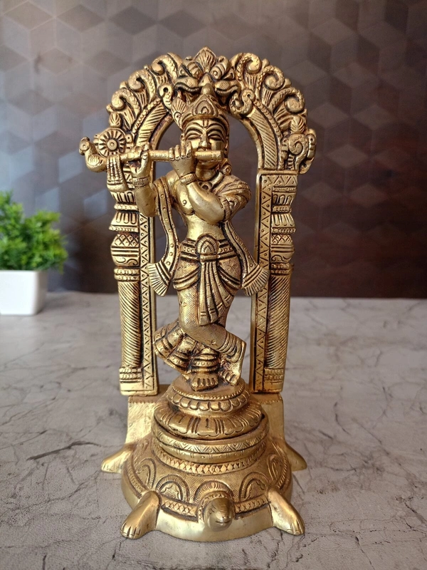 DecorsOne Brass Krishna with Arch Standing on Tortoise Idol- 9″