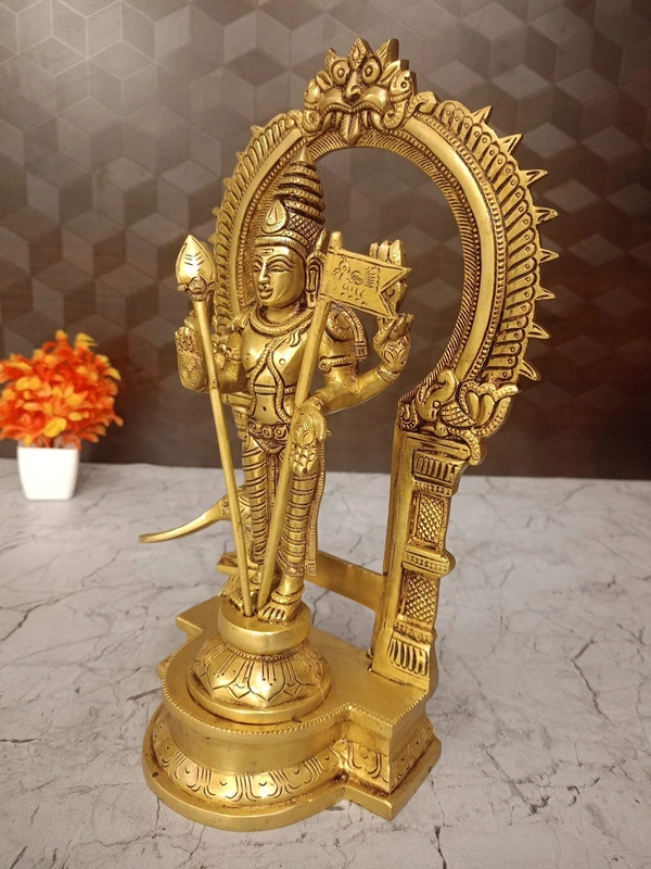 Brass Murugan Idol with Well Desgined with Prabhavali | Brass Thiruchendur Murugan,   Embrace Multifaceted Divine Power with Our Four-Armed Brass Murugan Statue
