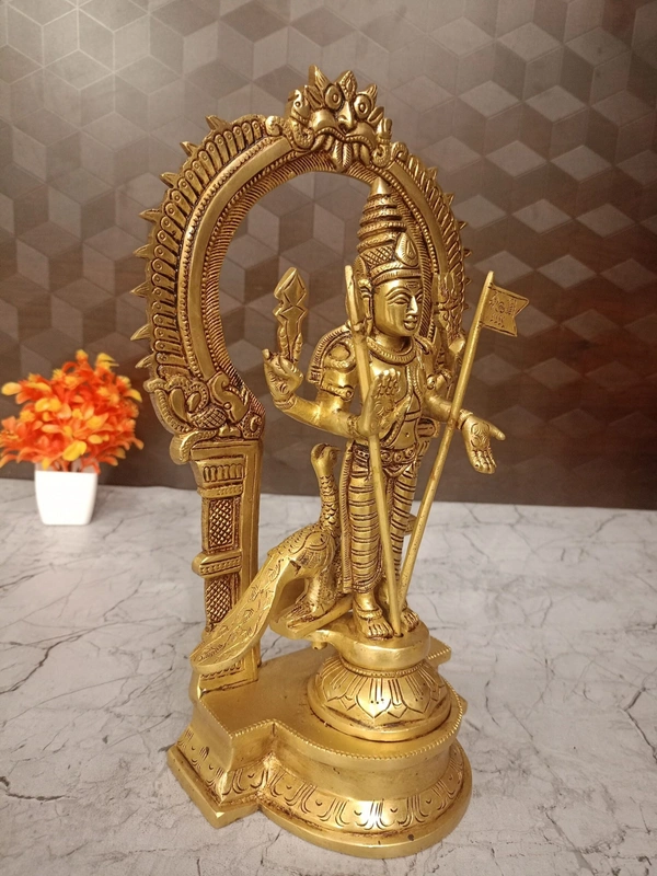 Brass Murugan Idol with Well Desgined with Prabhavali | Brass Thiruchendur Murugan,   Embrace Multifaceted Divine Power with Our Four-Armed Brass Murugan Statue