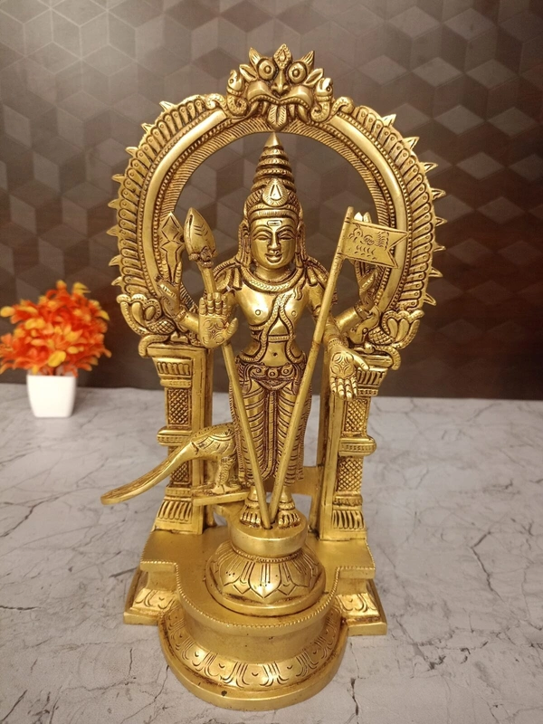 Brass Murugan Idol with Well Desgined with Prabhavali | Brass Thiruchendur Murugan,   Embrace Multifaceted Divine Power with Our Four-Armed Brass Murugan Statue