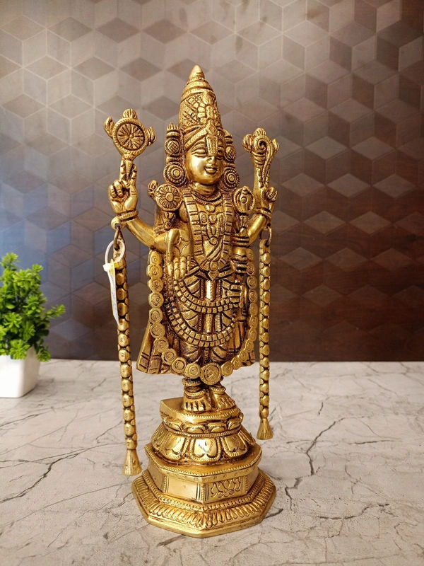 DecorsOne Brass Lord Perumal Statue | Lord Tirupati Balaji With Designed Coins Idol / Bring Wealth, Peace & Protection Home