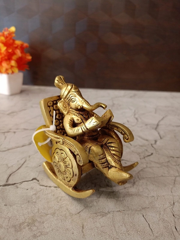Brass Chair Ganesha , reading Ganesha , Relaxation and Contemplation / Antique And Handicraft Idol 