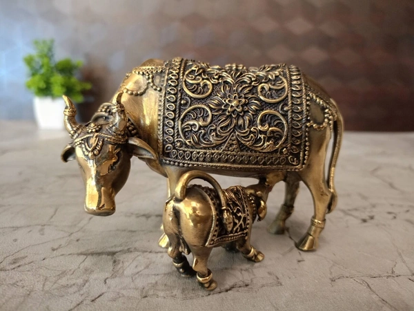 Buy Brass Fine Art Cow And Calf For Pooja, Black Antique Finish