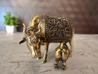 Buy Brass Fine Art Cow And Calf For Pooja, Black Antique Finish