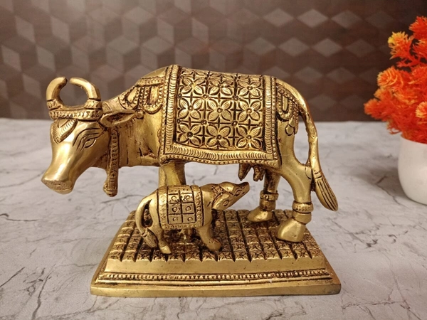 Brass Cow And Calf With Floral Design 