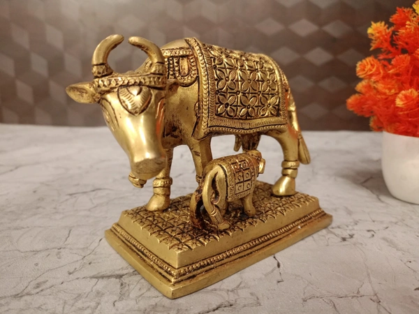 Brass Cow And Calf With Floral Design 