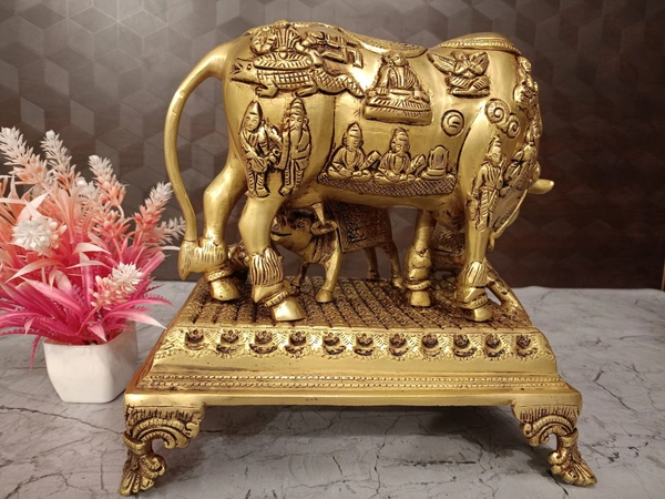 Buy Brass Cow And Calf With All Gods With Peacock And Krishna 