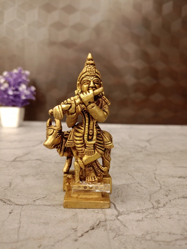 DecorsOne Brass Fine Art Cow Krishna Statue 4″