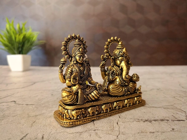 Brass Fine Art Lakshmi Ganesha On Rectangle Base With Elephant Design