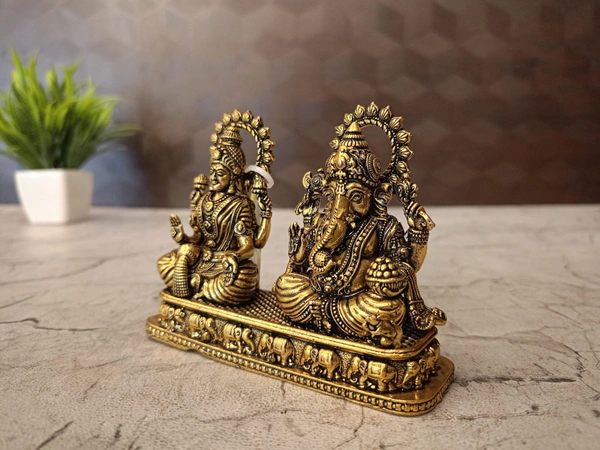 Brass Fine Art Lakshmi Ganesha On Rectangle Base With Elephant Design