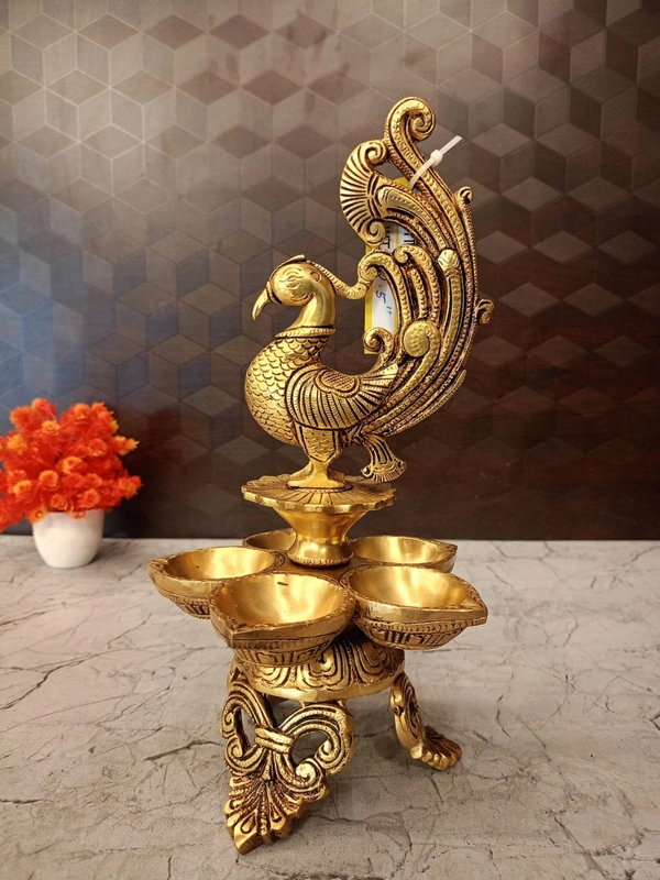 DecorsOne Brass Five face Peacock Diya With Decorative Base 12″